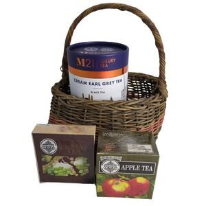 Gift Set: Vintage Handled Basket w/ Cream Earl Grey, Apple, Icewine Luxury Teas